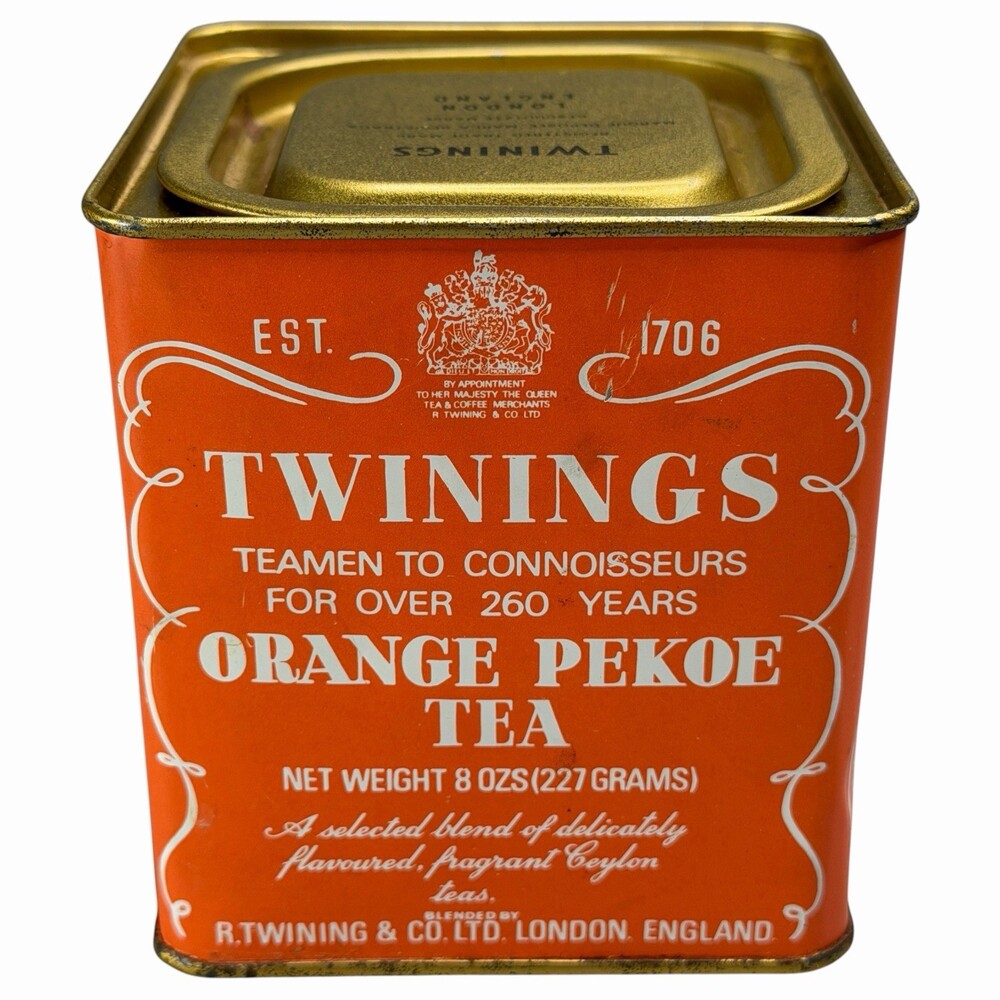 Twinings Orange Pekoe Tea Container 8oz Gold Tin England Empty Collectible VTG